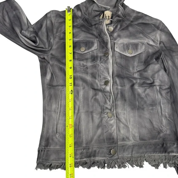 JKT NYC Womens Grey Genuine Leather Fringed Jacket Size XS 'Alexa‎ Patina' Moto